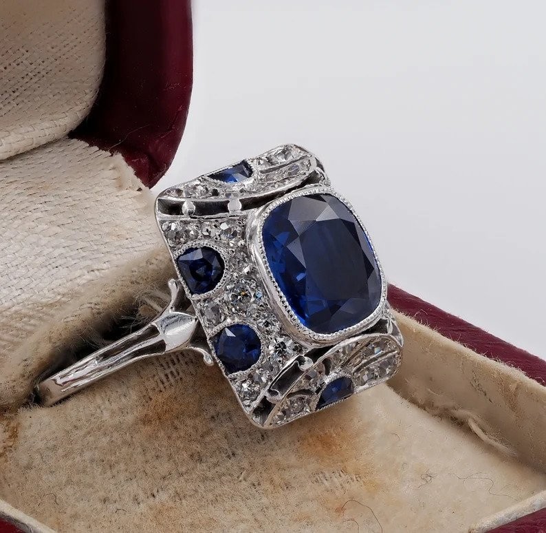 Art Deco Style Sapphire & Lab Created Diamond 14K White Gold FN Engagement Ring