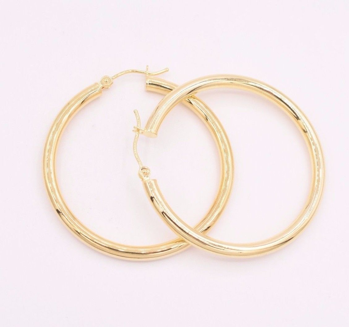 1 1/2″ 3mm X 40mm Plain All Polished Shiny Hoop Earrings REAL 14K Yellow Gold
