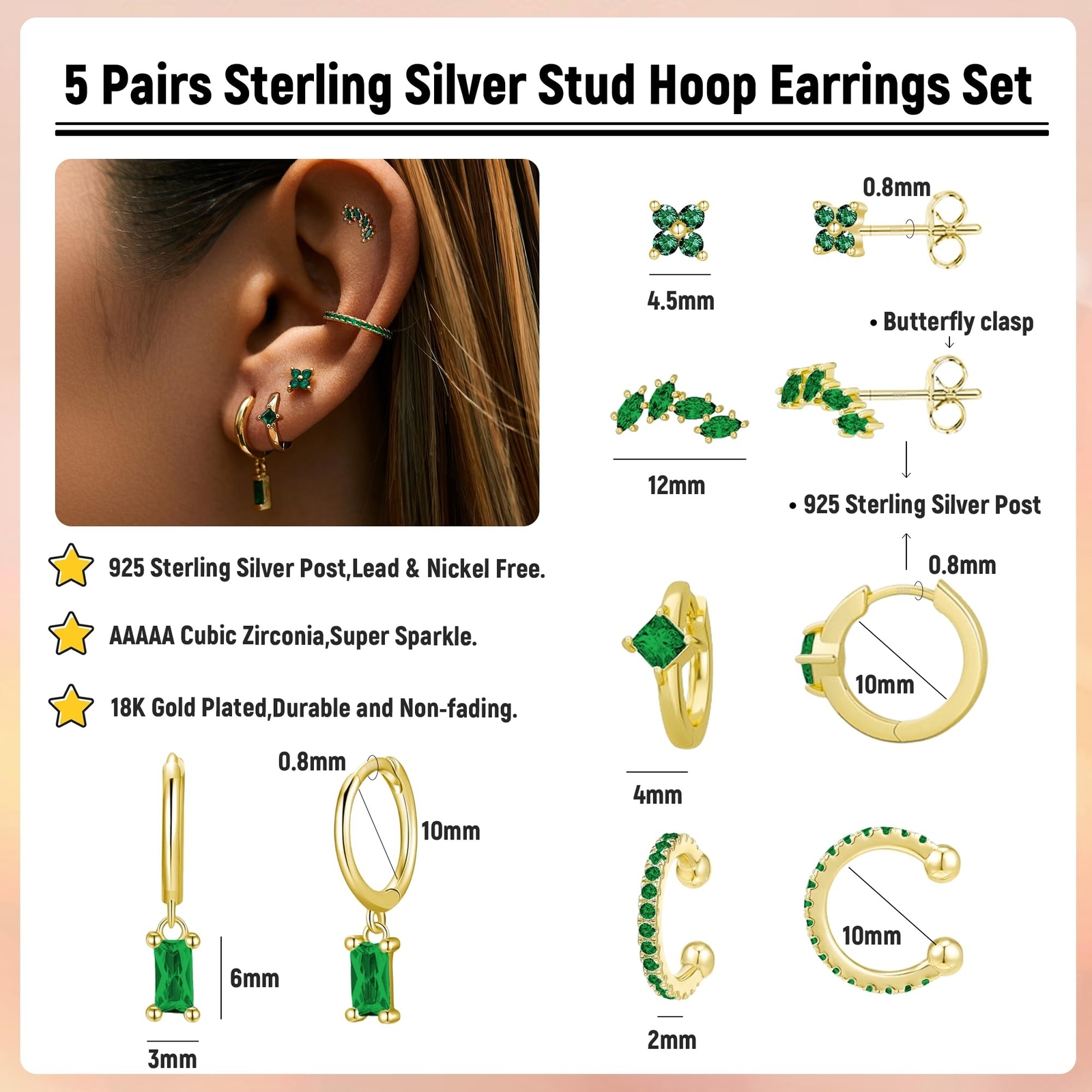 5 Pairs Sterling Silver Stud Hoop Earrings for Women Teens Dainty 14k Gold Da…