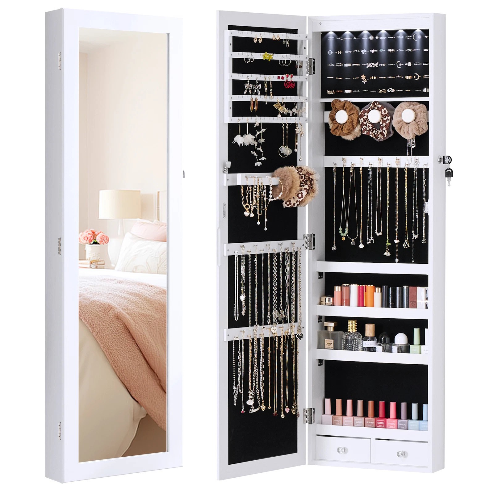 Lockable Jewelry Cabinet Organizer w/Full Length Mirror,Wall Mount Hanging Door