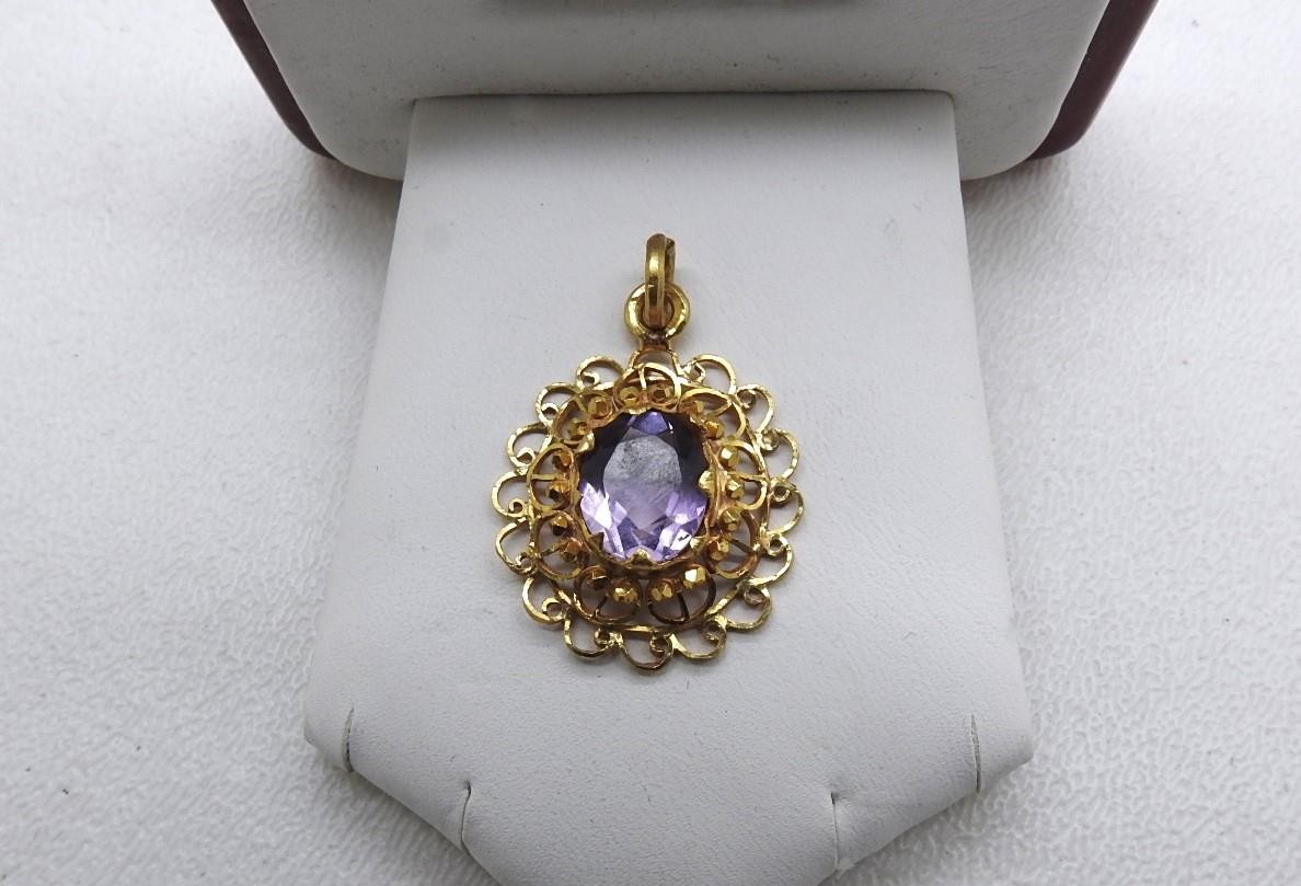 22K Yellow Gold Baht Fancy Amethyst Pendant 1.25″ Inch 4.8 Grams