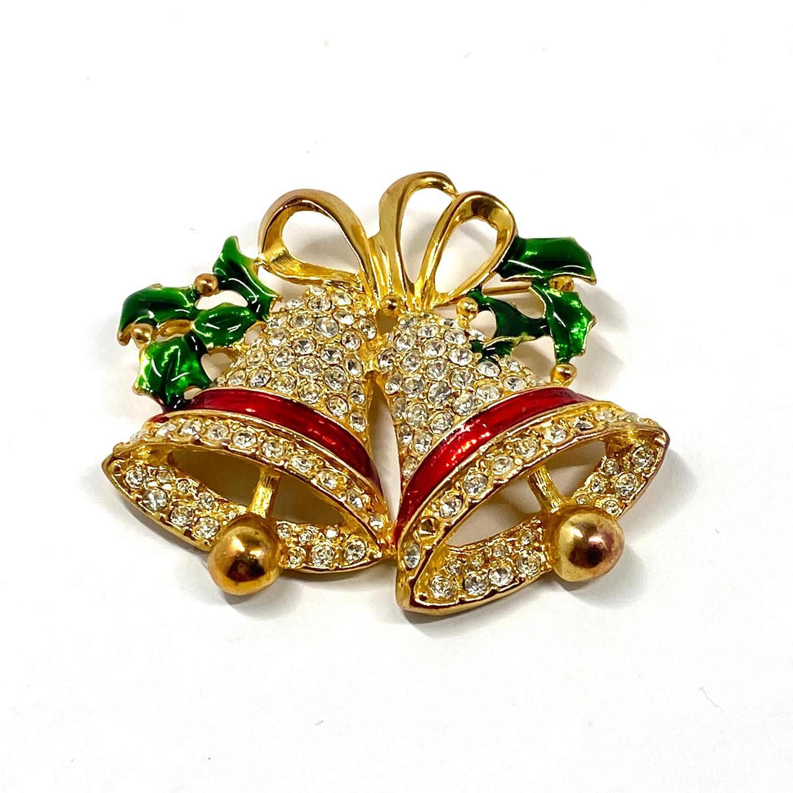 Vintage Christmas Bells Enamel & Rhinestone Gold Tone Holly Brooch Holiday Gift