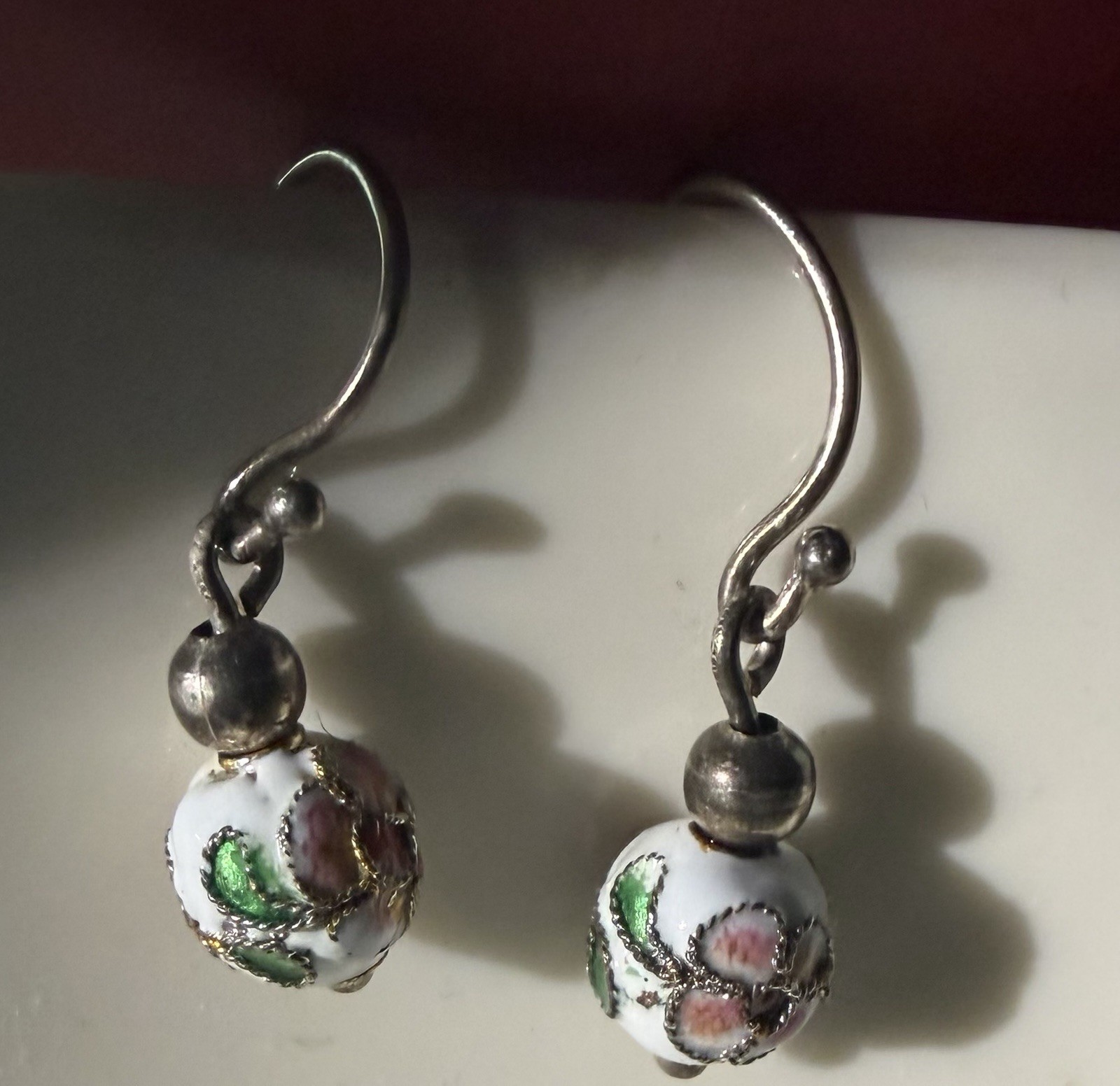 Dainty Vintage Cloisonné Bead Earrings Dangle, Pierced Ears, Classic Jewelry