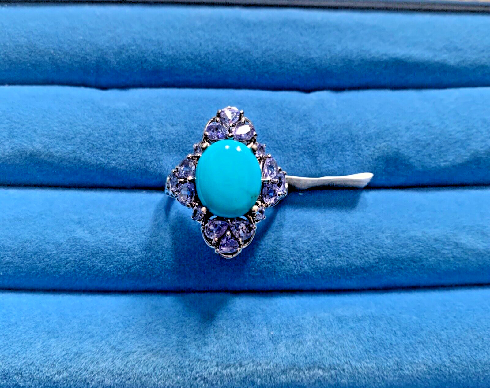 Sleeping Beauty Turquoise, Tanzanite Ring in Platinum Over SS-Size 7(13.21 ctw)
