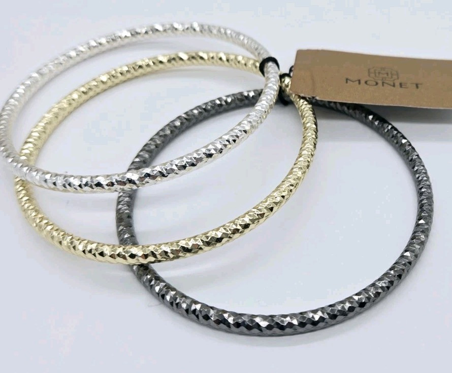 Monet Bangle Bracelet set of 3 Black Silver Gold Over the wrist OSFM