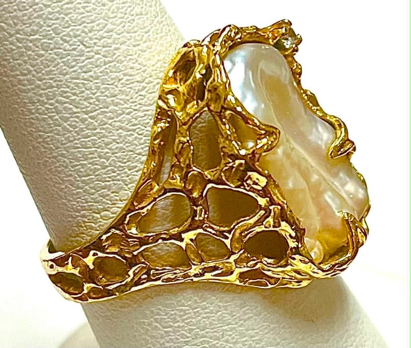 14K YELLOW GOLD FRESHWATER FREEFORM PEARL RING WITH DIAMOND SIZE 8 VERY UNIQUE