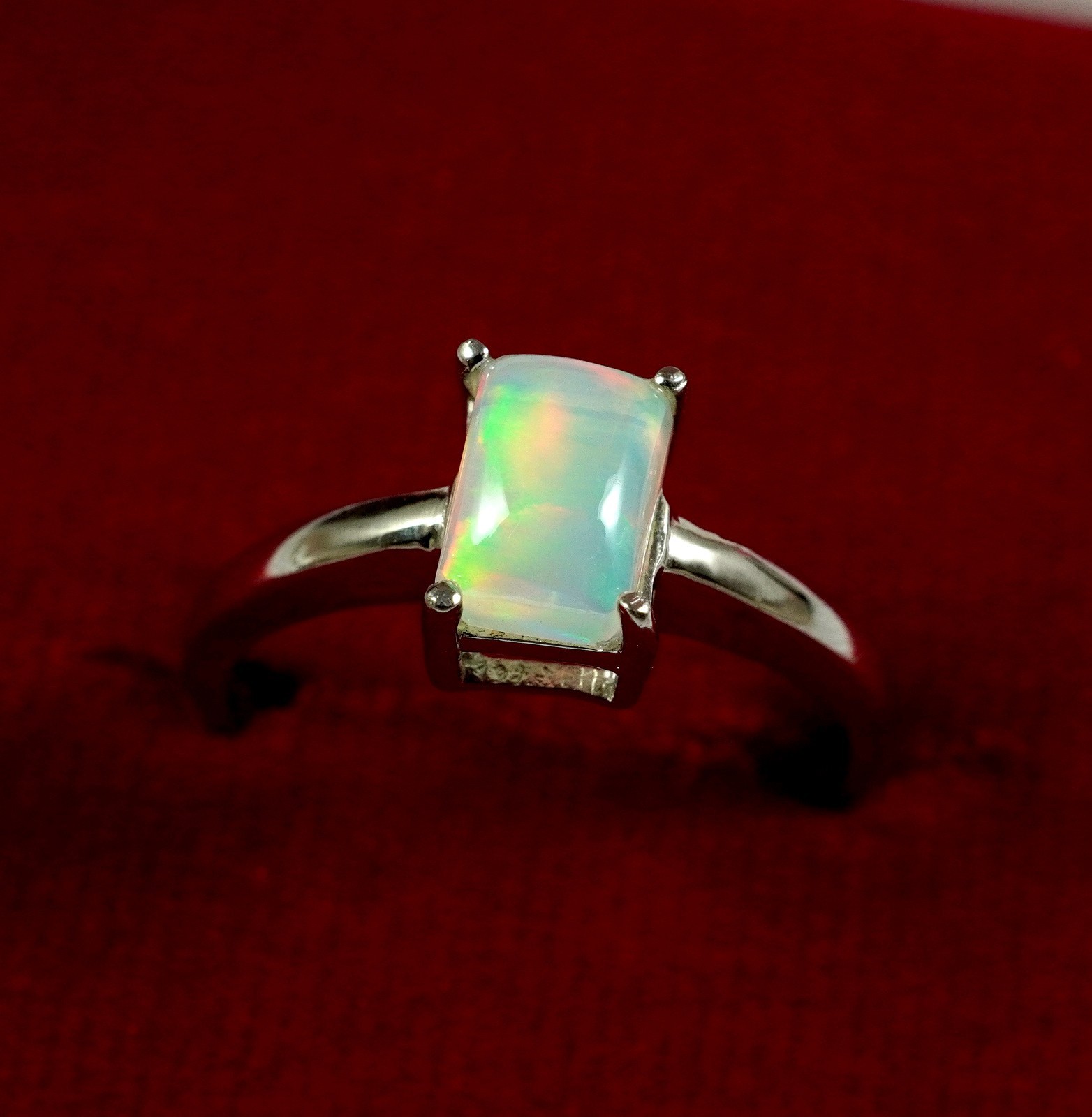 Octagon Opal Ring, Cabochon Gem Fire Opal Ring, Gift for Her, Anniversary Ring