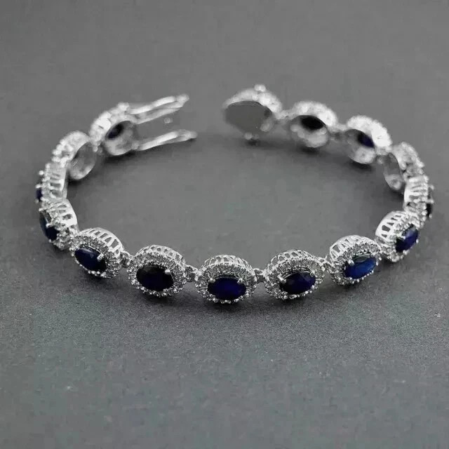 Oval Lab Created Blue Sapphire Diamond Tennis Bracelet 14K White Gold Plated