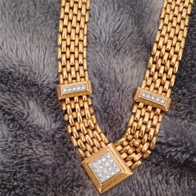 Avon Signed Gold Tone Multi-Strand Link Necklace Square Clear Rhinestone Charm