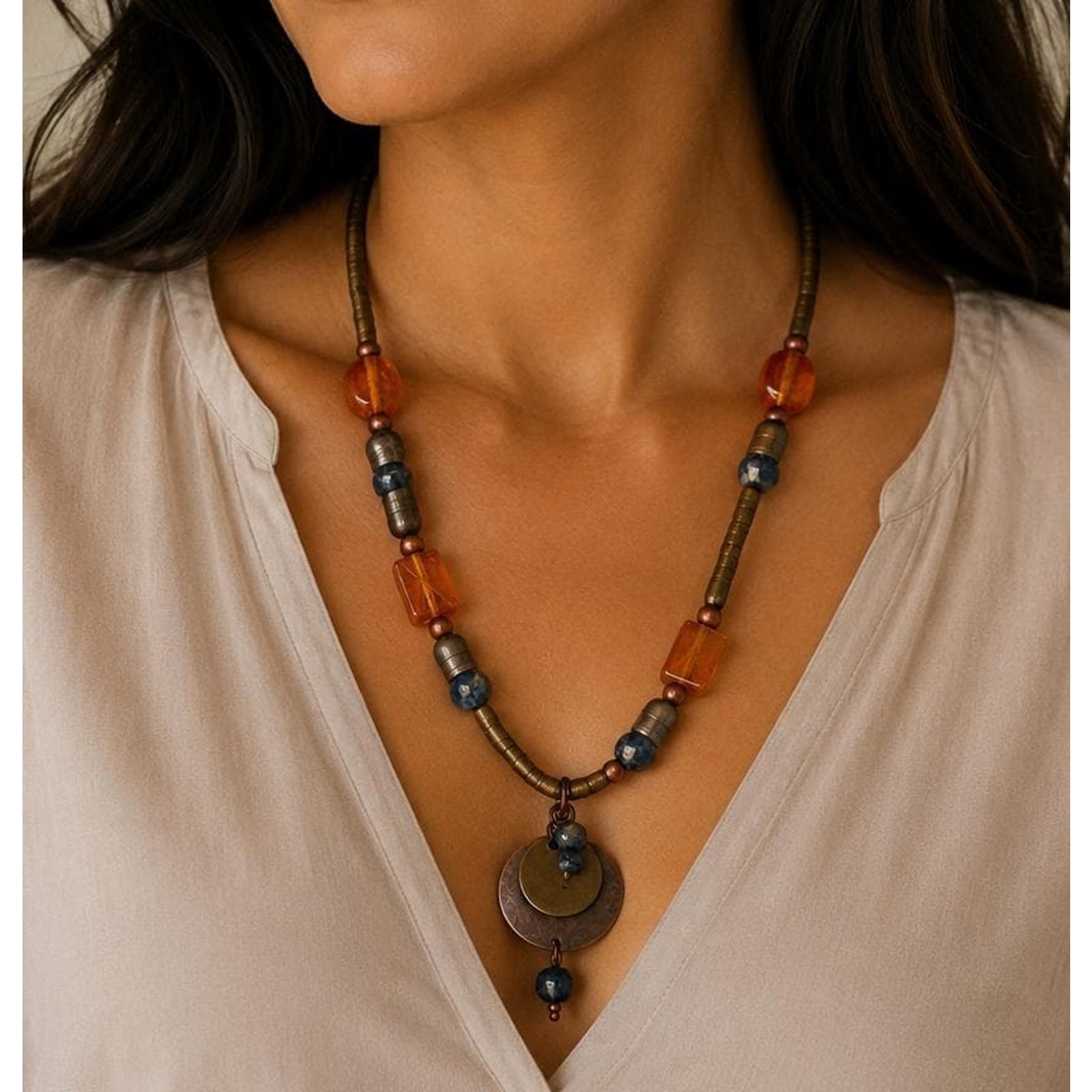 Artisan Made Necklace | Copper Stone Glass Handcrafted Statement
