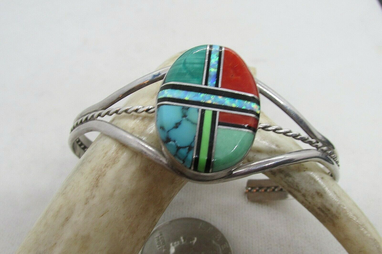 VTG SW N A INLAID CUFF W/SPINY OYSTER, TURQ, MALACHITE, & OPAL SS–NEW PRICE