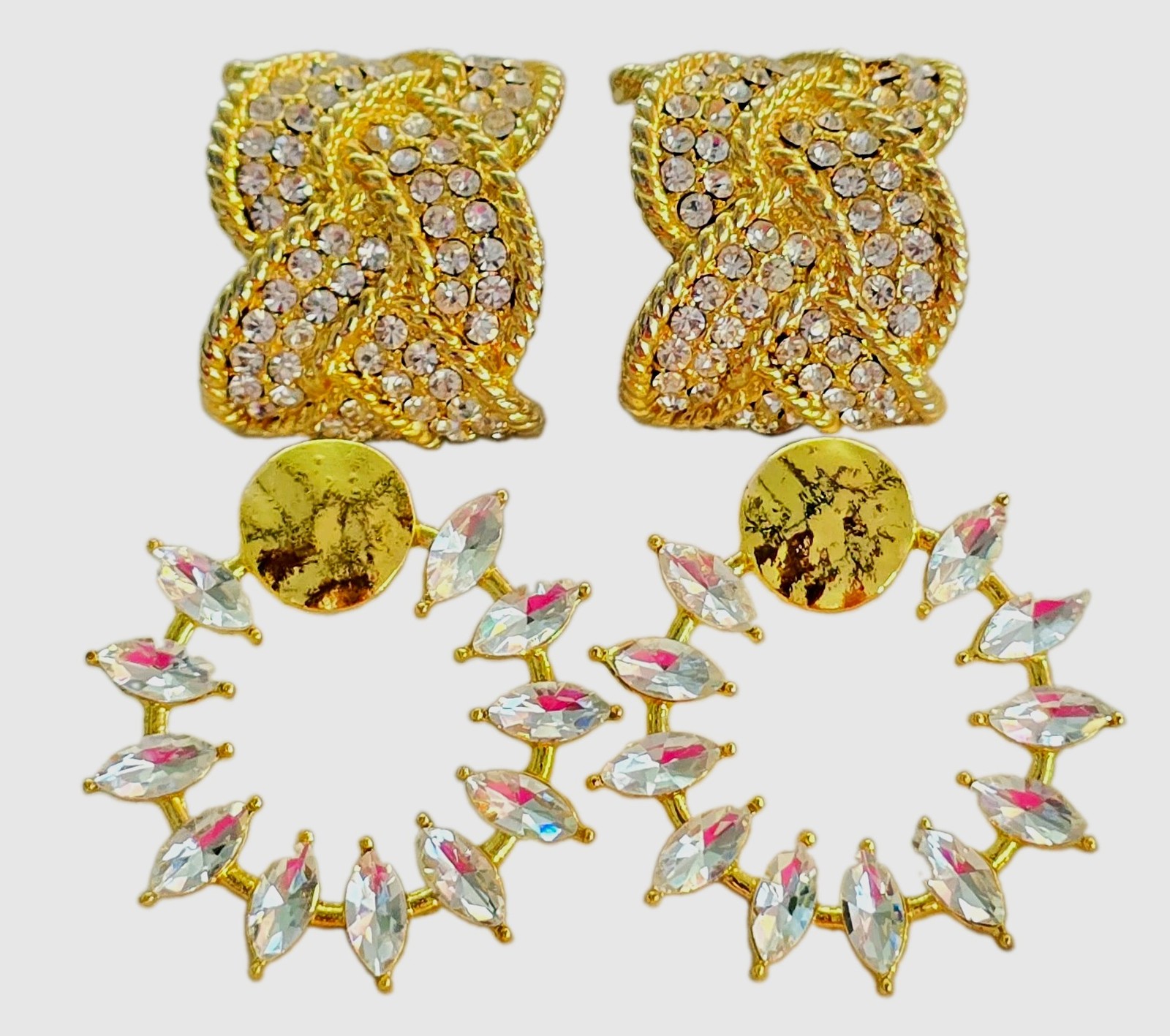 Vintage Gold Plated Clear Crystal X Rhinestone Clip-On & Pierced Earrings