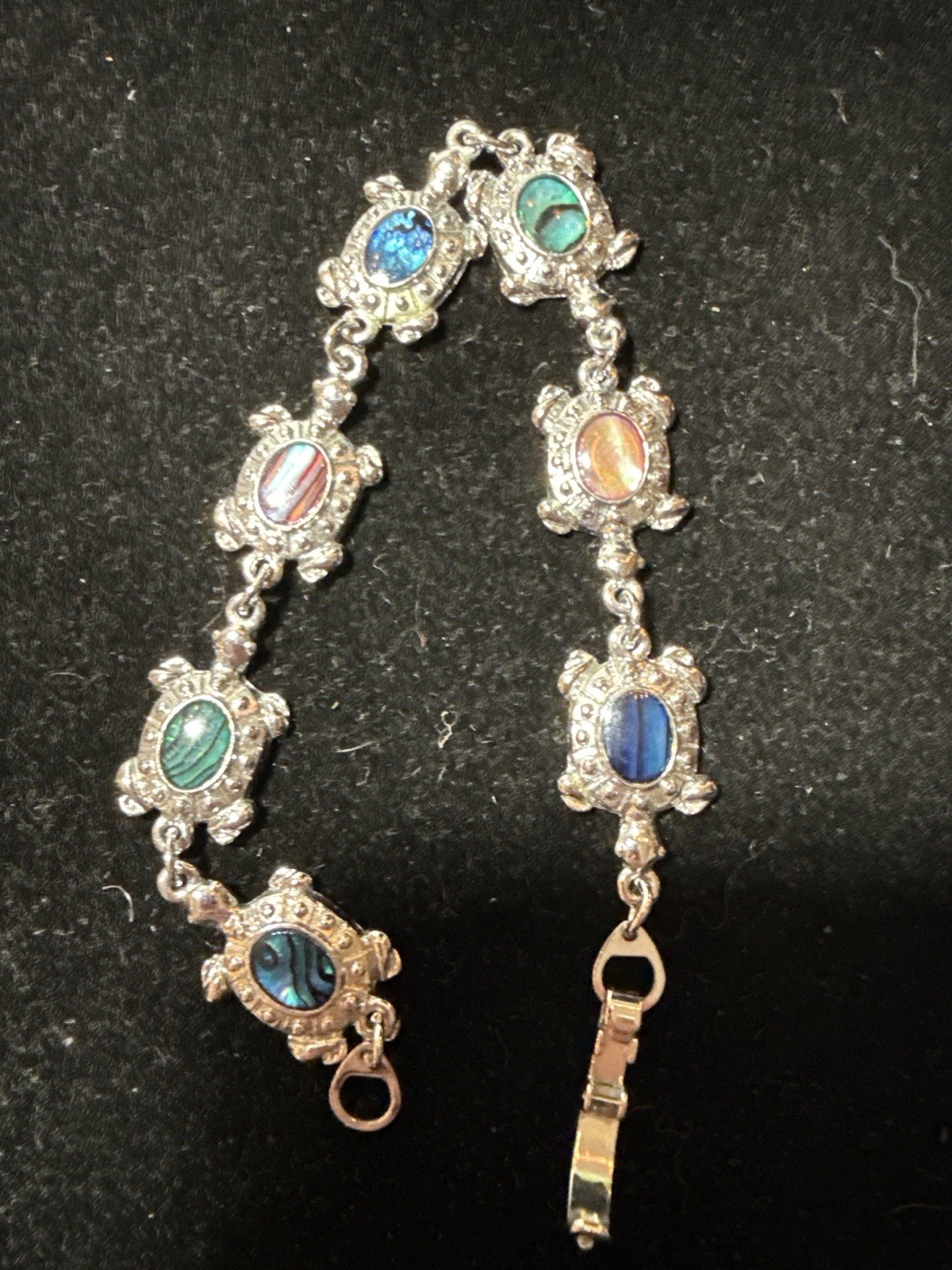 Vintage Turtle Link Bracelet Enamel Resin Inlay Silver Tone (Lot# 1372)