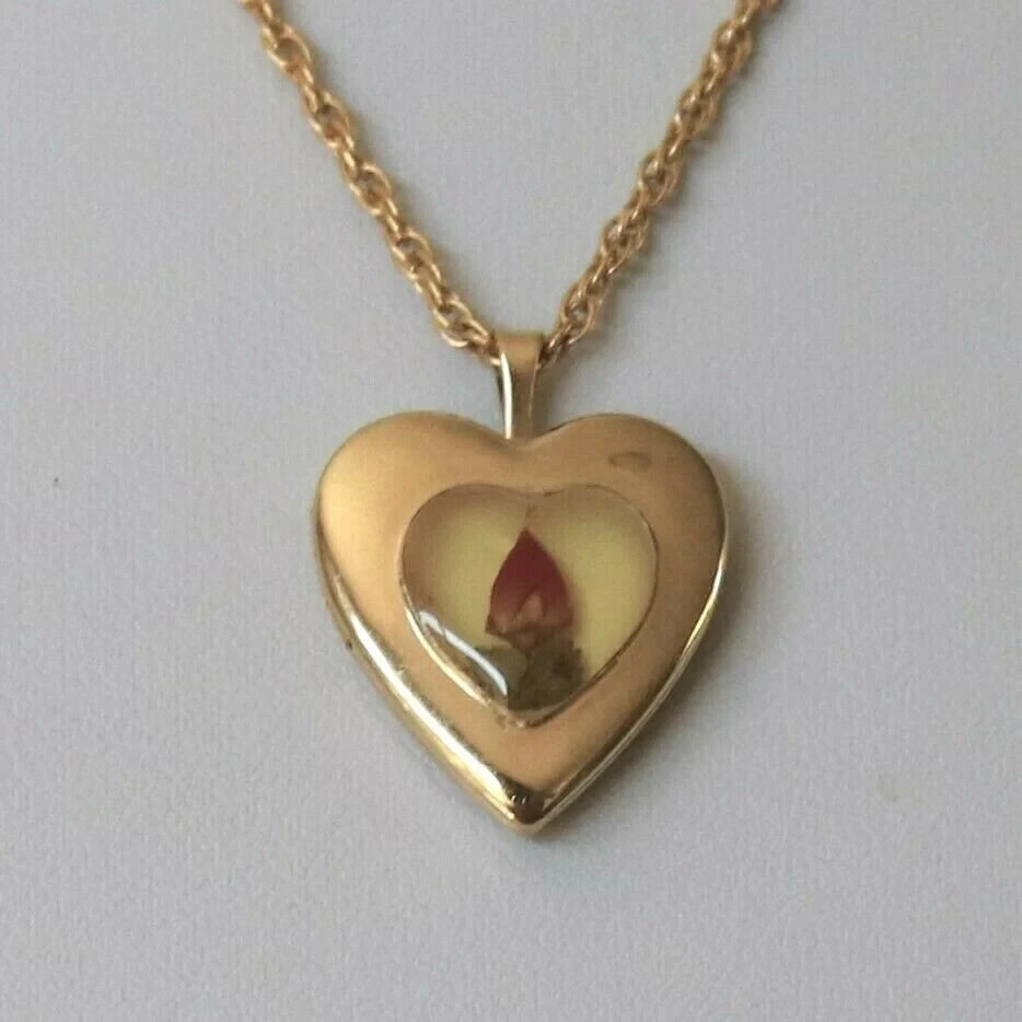 Vintage 14K GF Real Rosebud Heart Locket PPC USA 12K GF Chain 1960-70s See Video