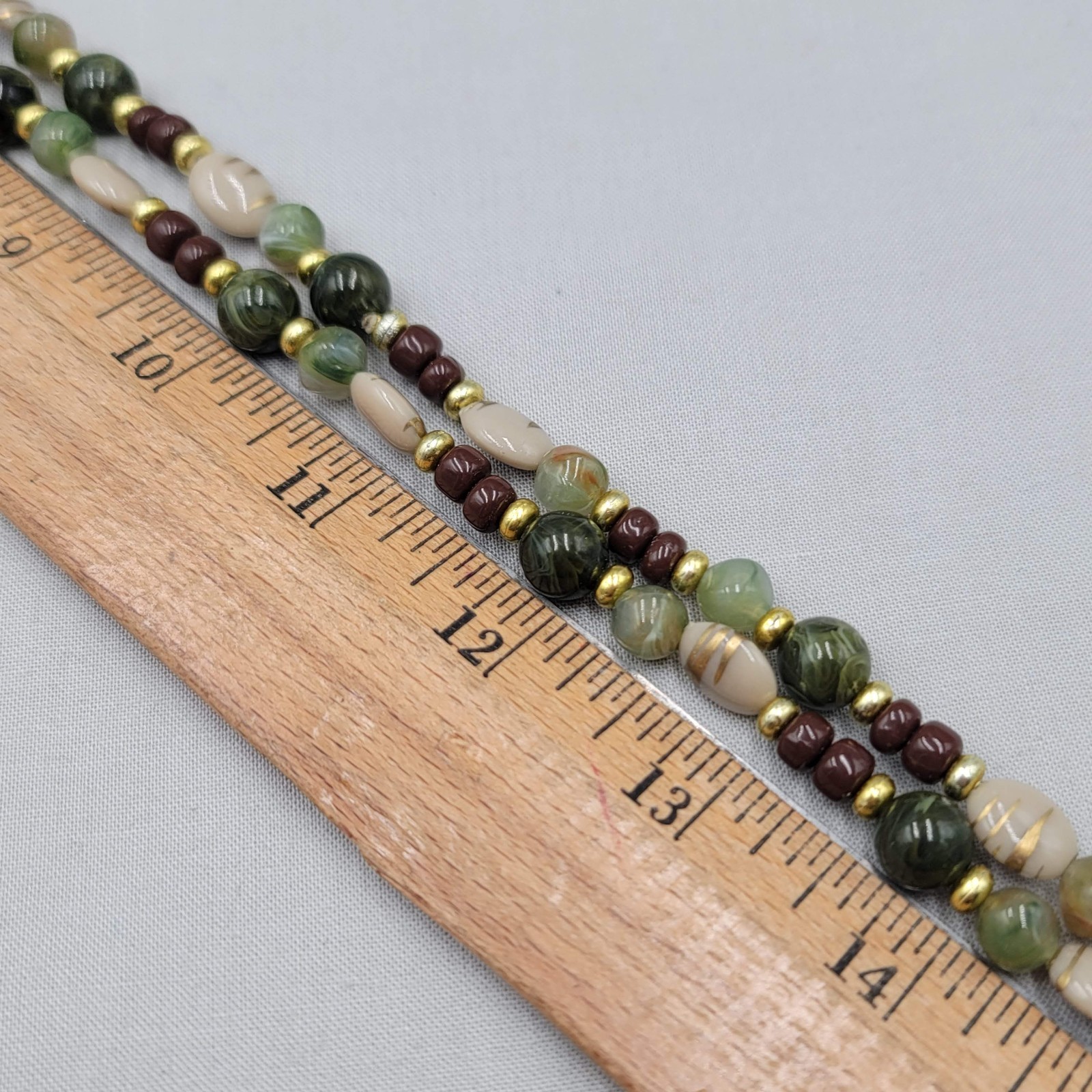 Vintage Brown Green Beige Bead Necklace Gold tone 36″