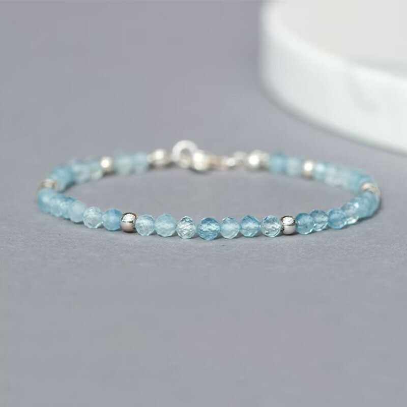 Blue Topaz 3mm Bead Minimalist Dainty Slim Crystal Healing Bracelet for Women