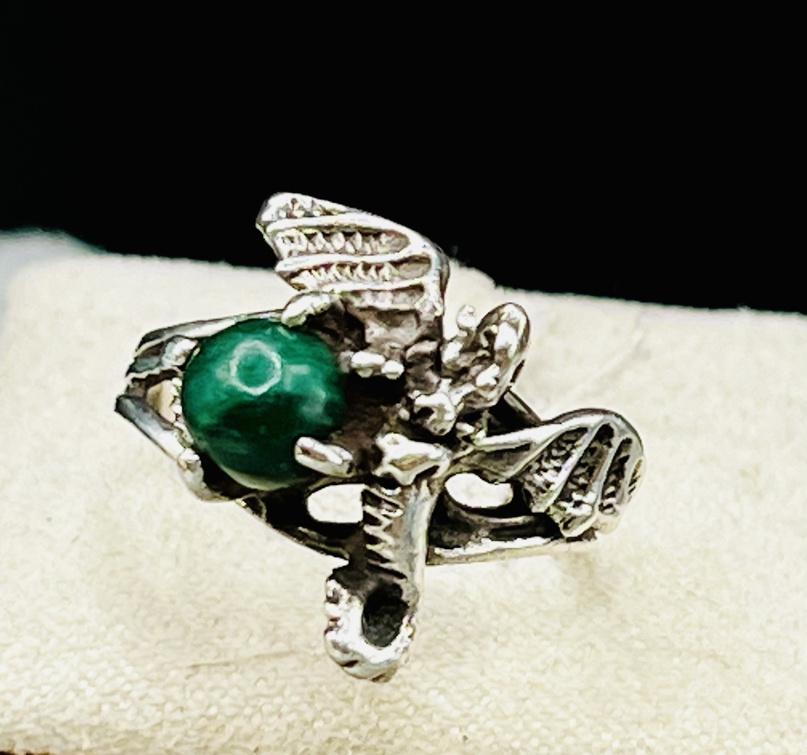 Sterling Silver 3-D Dragon Malachite In Talons Ring Fantasy Gothic Size 5.5
