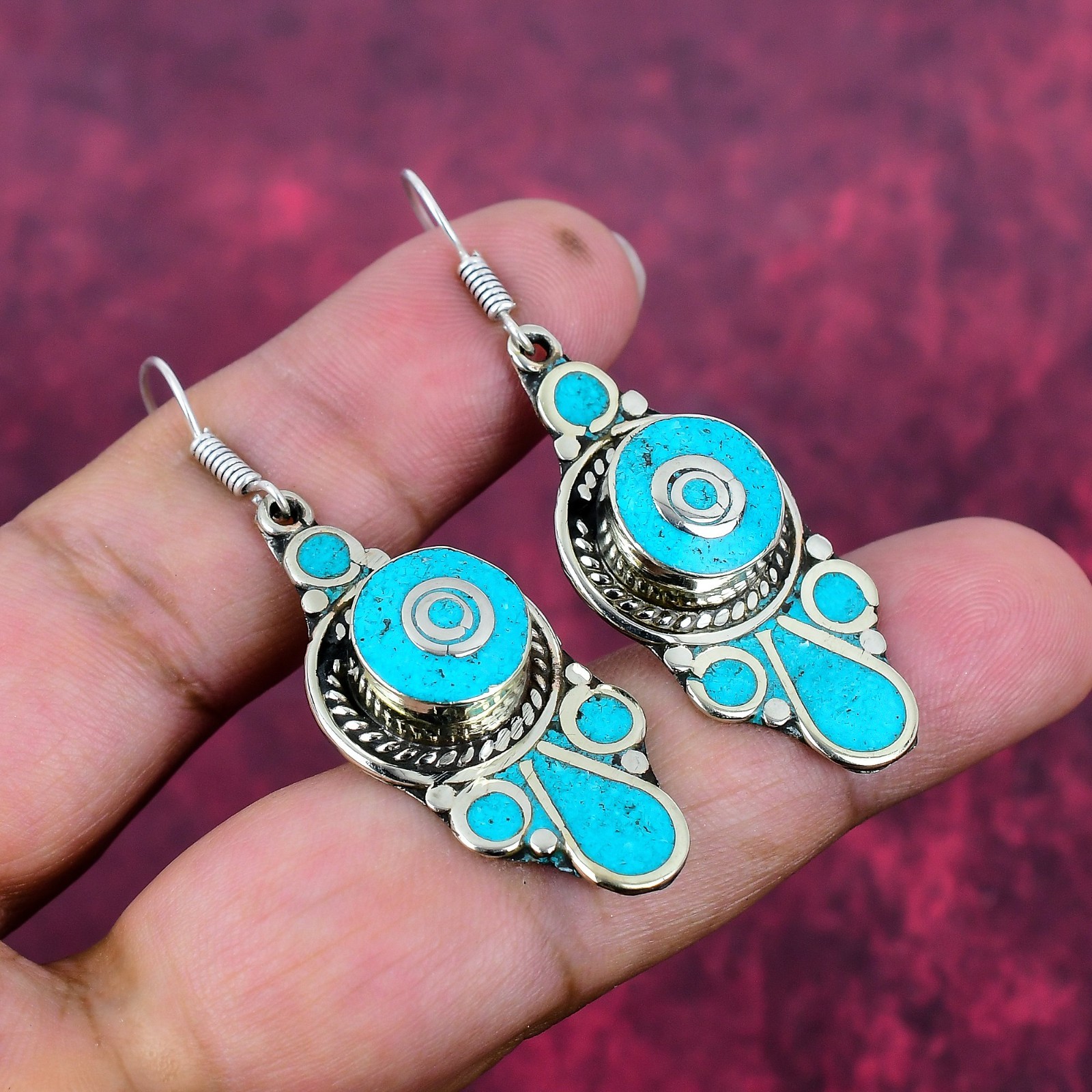 Turquoise Gemstone Handmade 925 Sterling Silver Tribal Earrings Nepali Jewelry