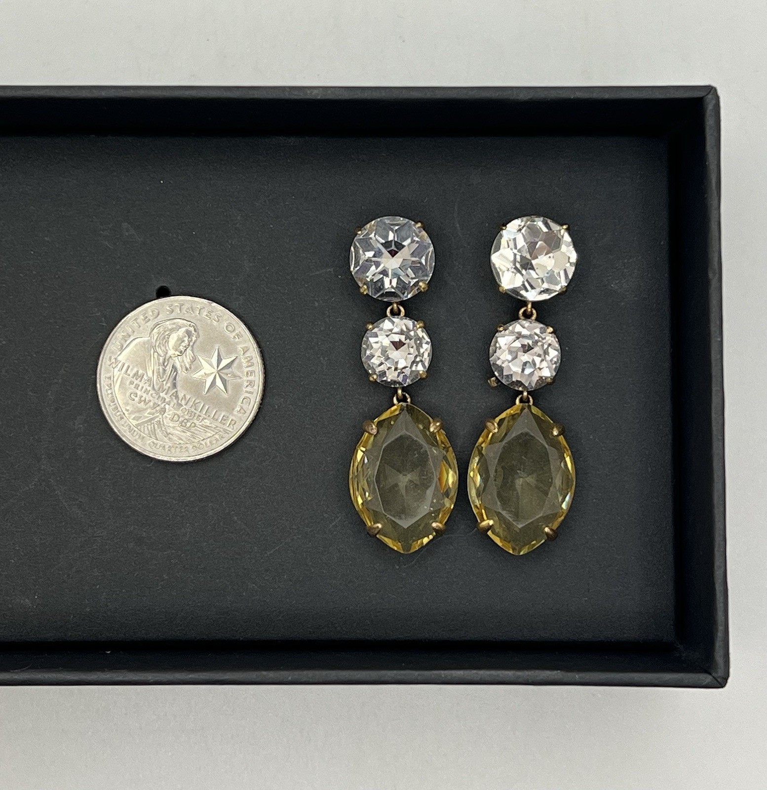 J. Crew Triple Crystal Drop Pierced Earrings Yellow & Clear Set In Gold Tone