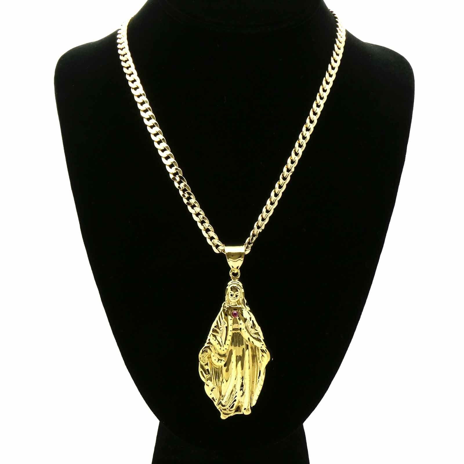 Brass Virgin Mary Gold Plated Pendant & 24″ 14K Stamped Cuban Chain Necklace
