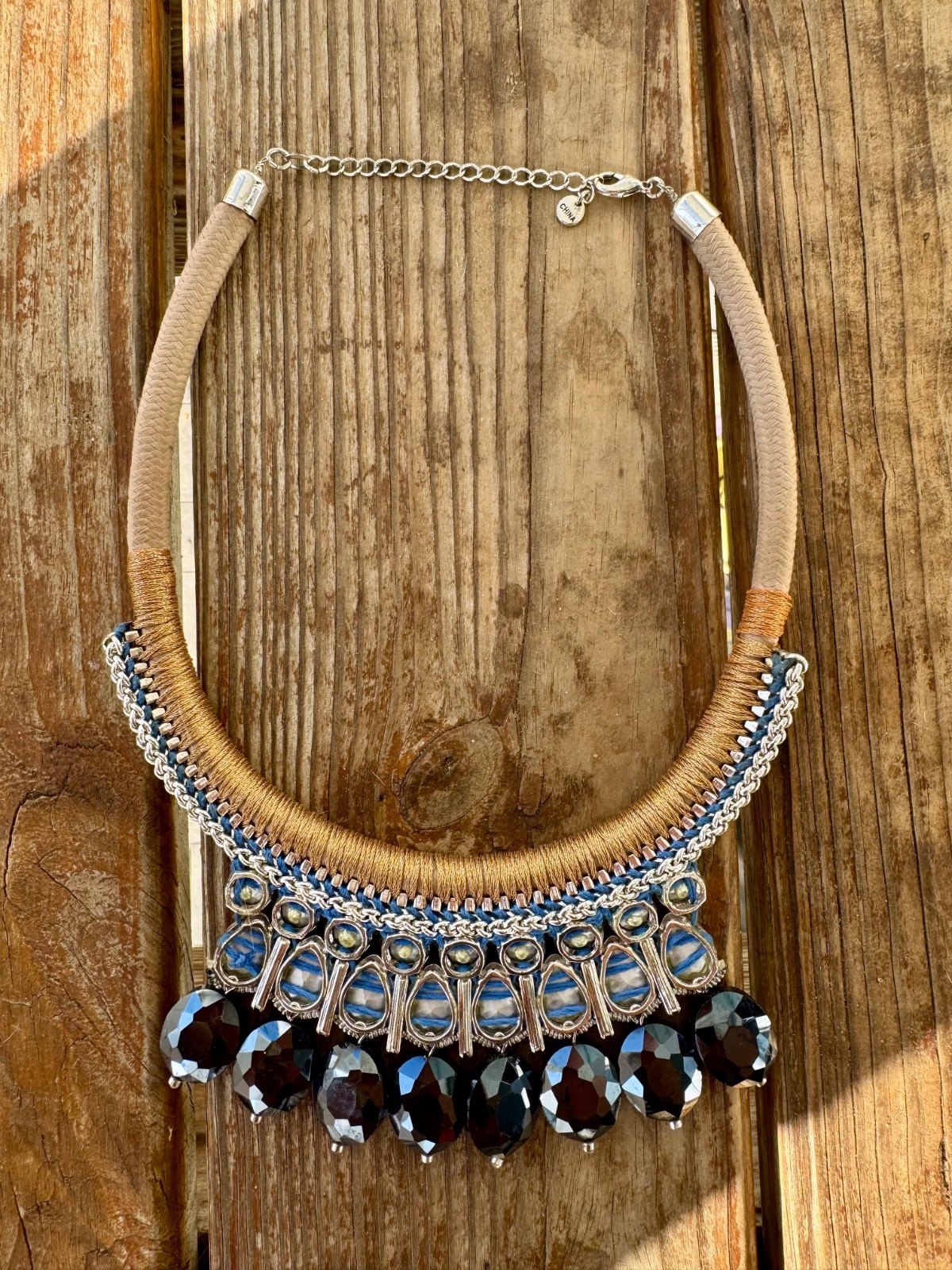 Lydell NYC Statement Bib Necklace Black Bead Crystal Rhinestone Gold Tone