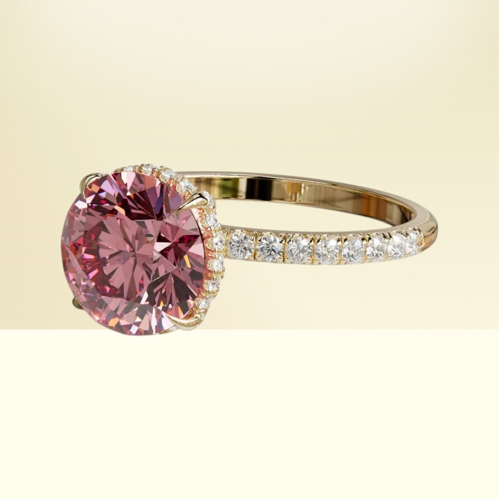 18k Yellow Gold Fancy Vivid Pink 3.00 Ct IGI Lab Created Round Cut Diamond Ring