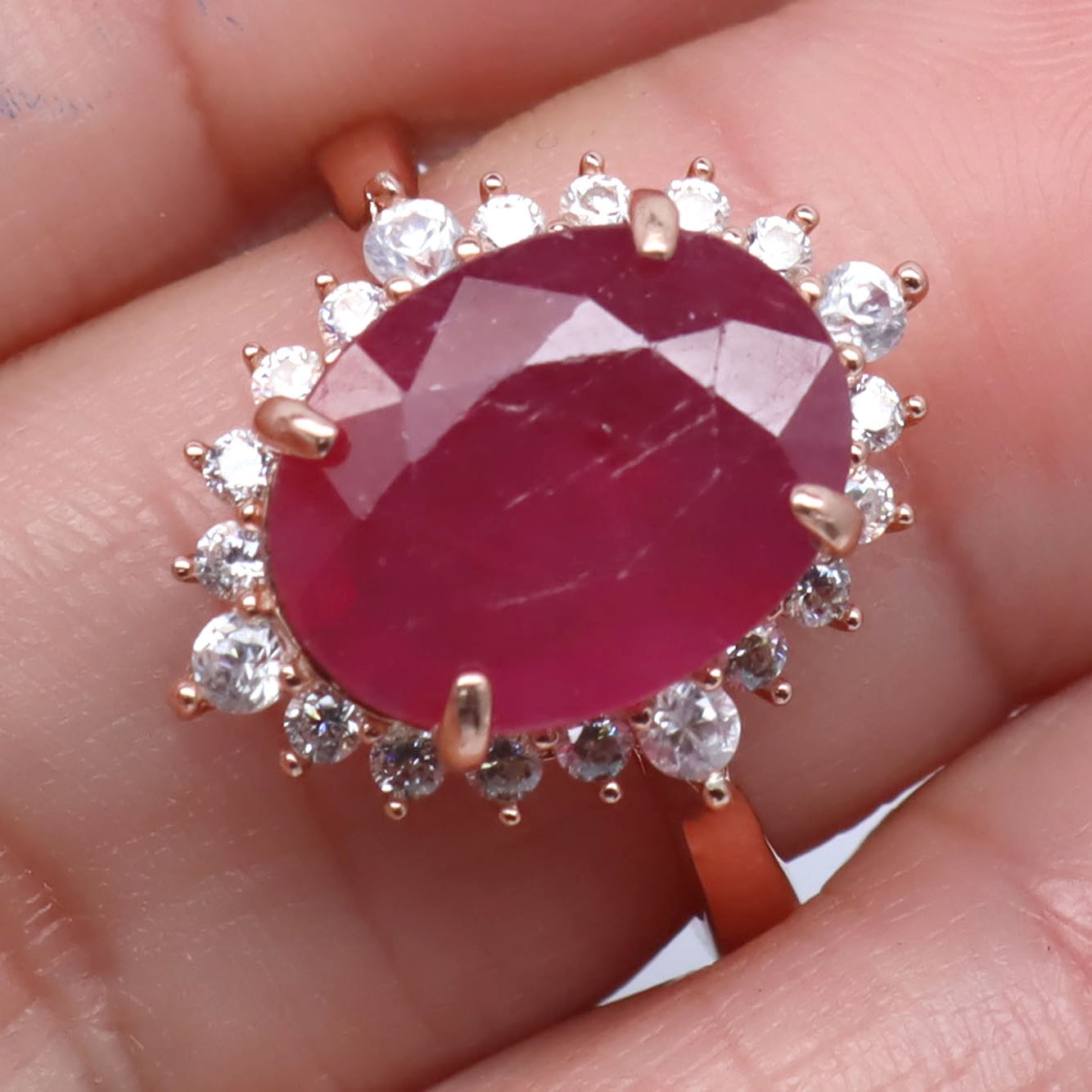 Natural Red Ruby Cubic Zirconia Ring 925 Sterling Silver Handmade Size 7.75