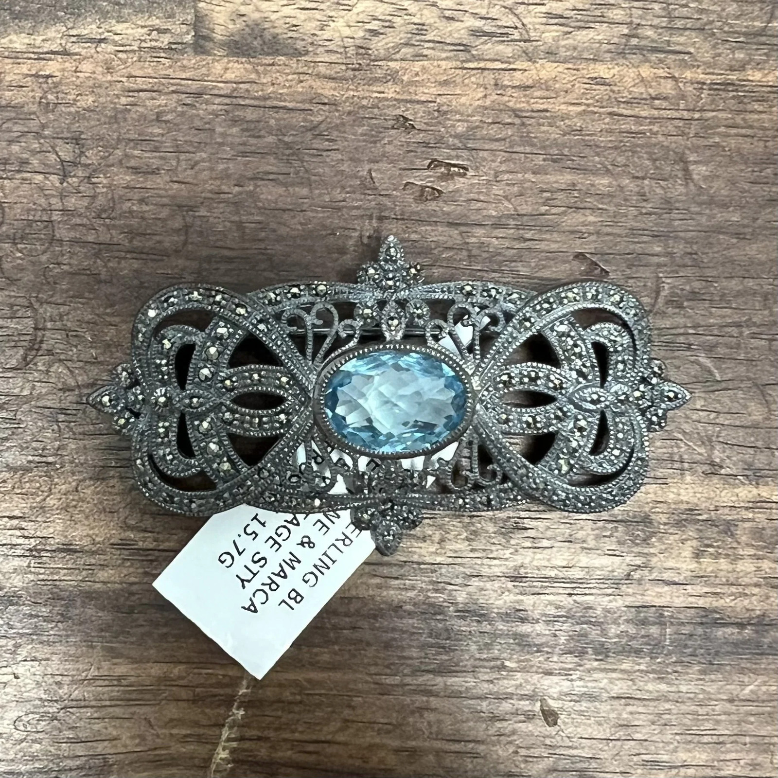 925 Sterling Blue Stone & Marcasite Vintage Style Brooch 15.7g
