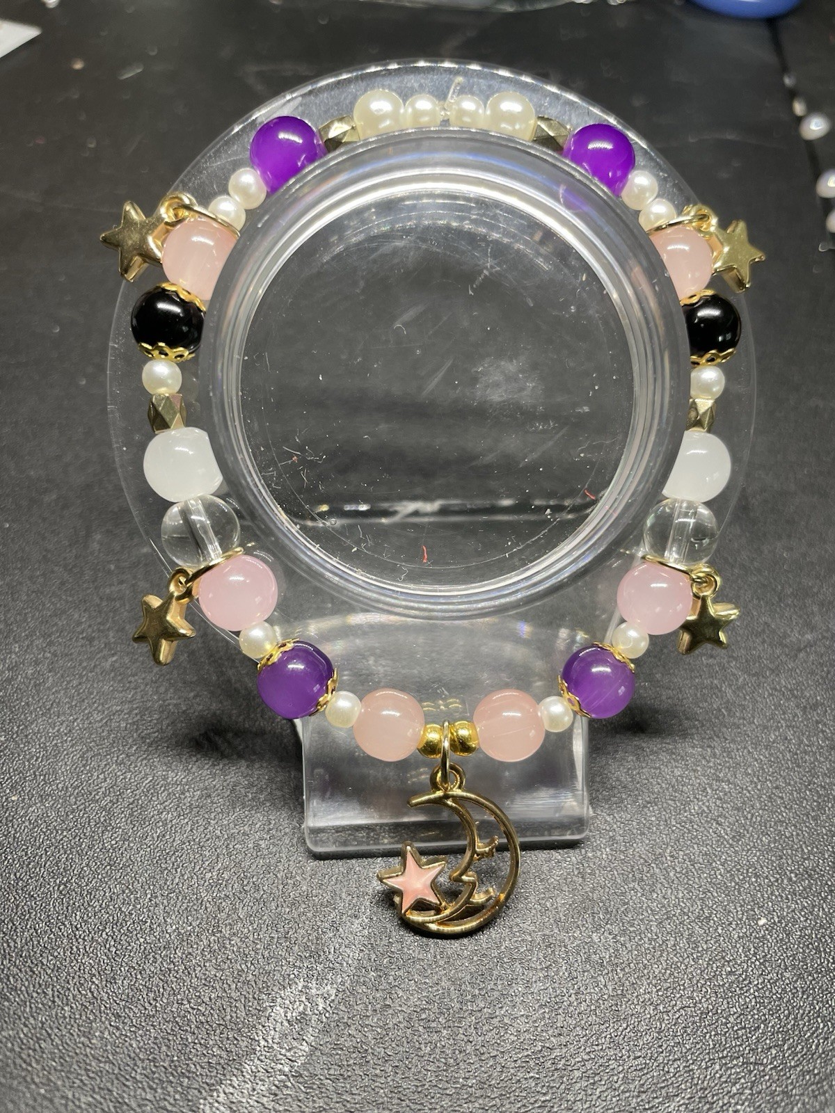 Multicolor Beaded Stretch Charm Bracelet Moon & Star Dangle, Celestial