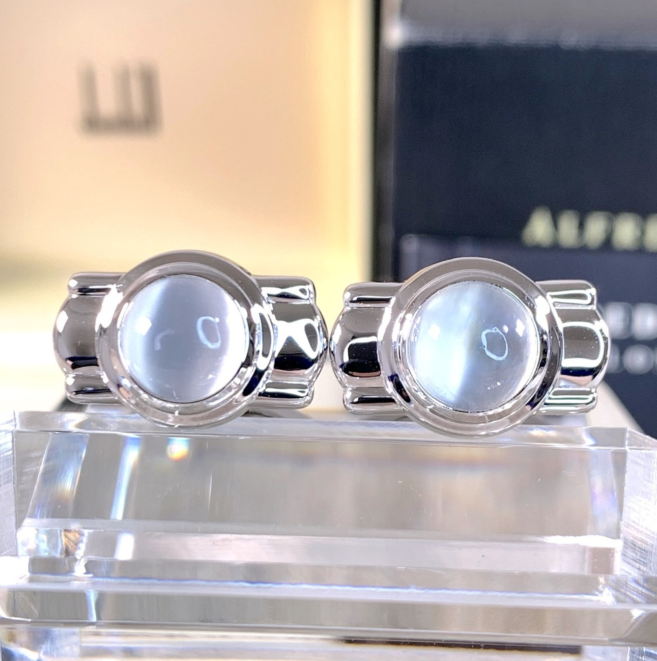 Alfred Dunhill Cufflinks Silver Moonstone with Case