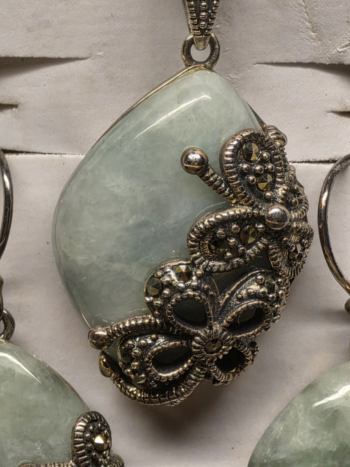 Vintage Sterling Silver Marcasite Jade Necklace & Earrings Set Butterfly Design