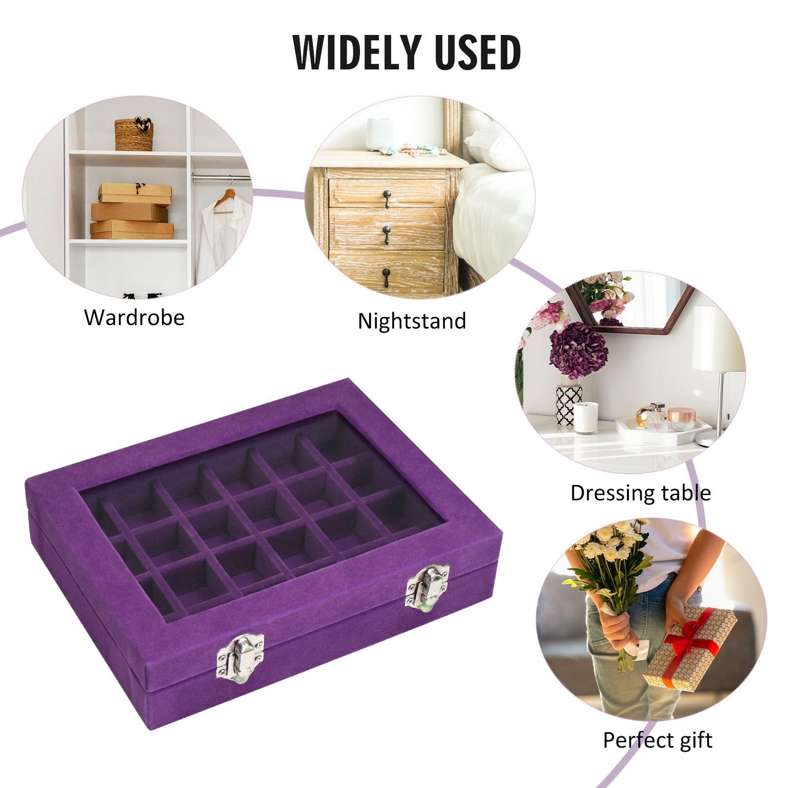 Vcoter Velvet Jewelry Box 24 Grid Ring Display 24 Grid, Purple