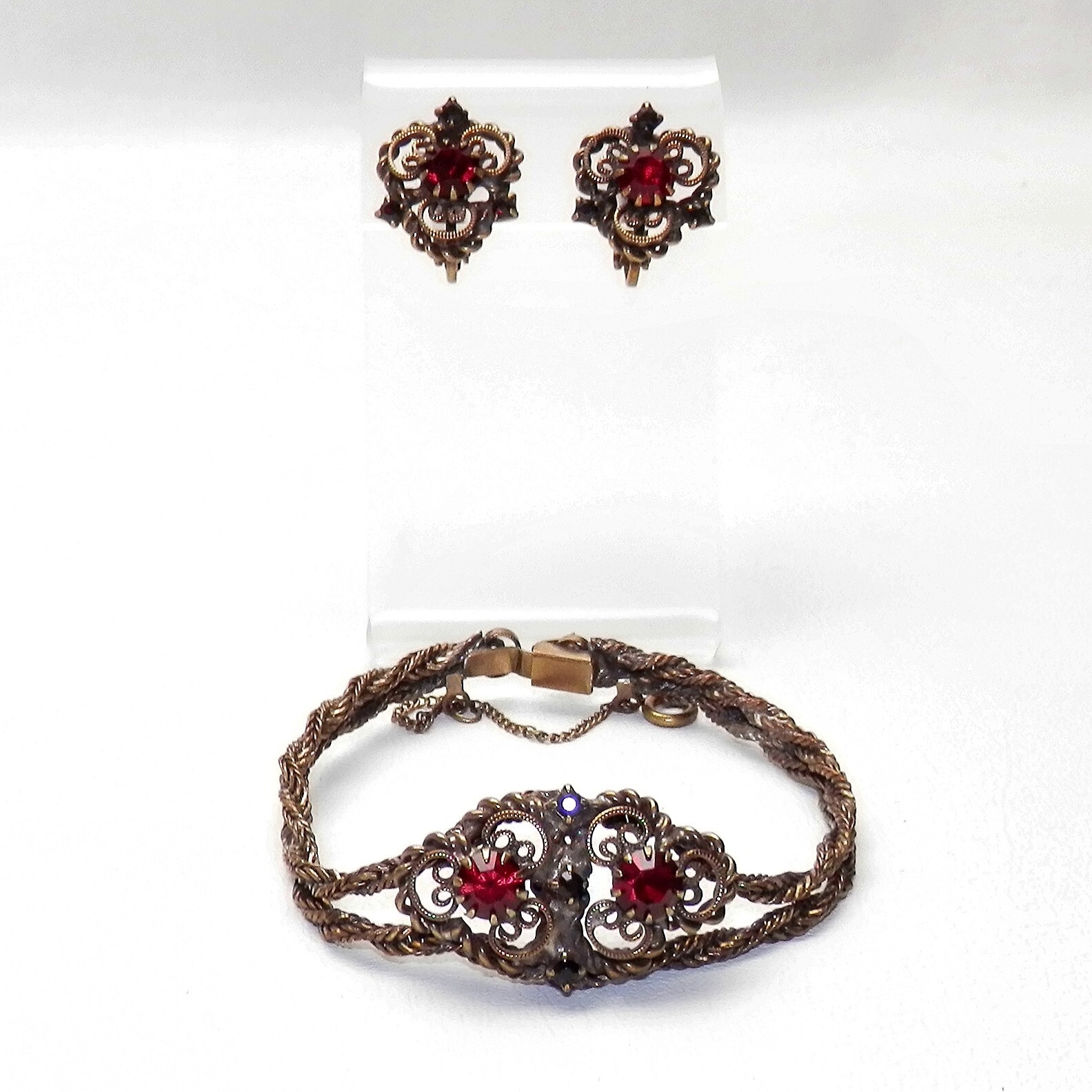 Vintage Designer Hobe Bracelet Earrings Set Filigree Red Stones Statement Signed