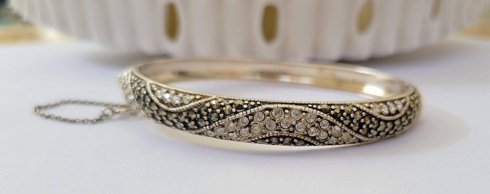 Vintage 925 Sterling Silver Marcasite Bangle Bracelet with Safety Chain
