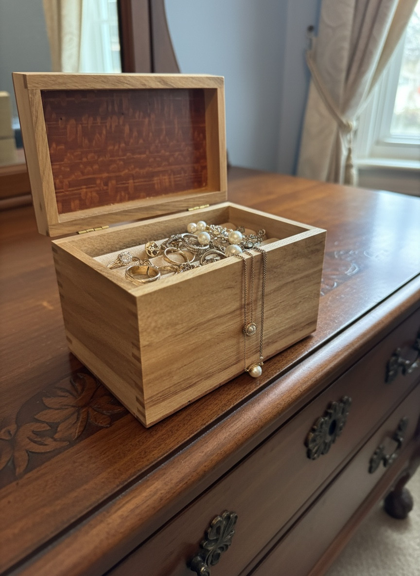 Handcrafted Solid Wood Jewelry Box w/ Dovetail Joints Brass Hinges