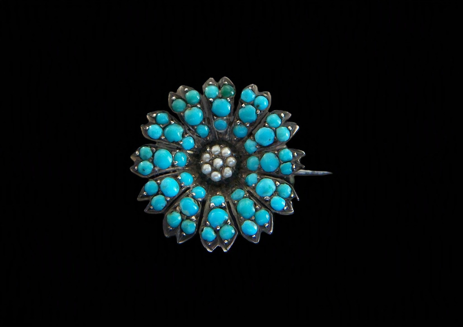 Victorian Pavé Set Turquoise & Seed Pearl Flower Brooch – Germany – Circa 1850