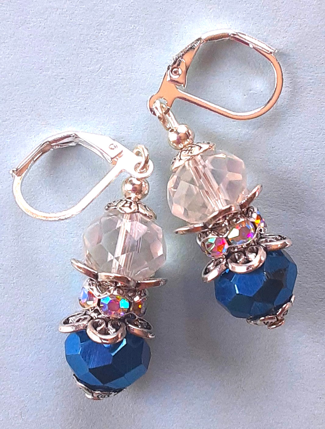 NAVY & CLEAR Faceted CRYSTALS AB CRYSTAL RING earring SP LEVERBACK artisan #N25