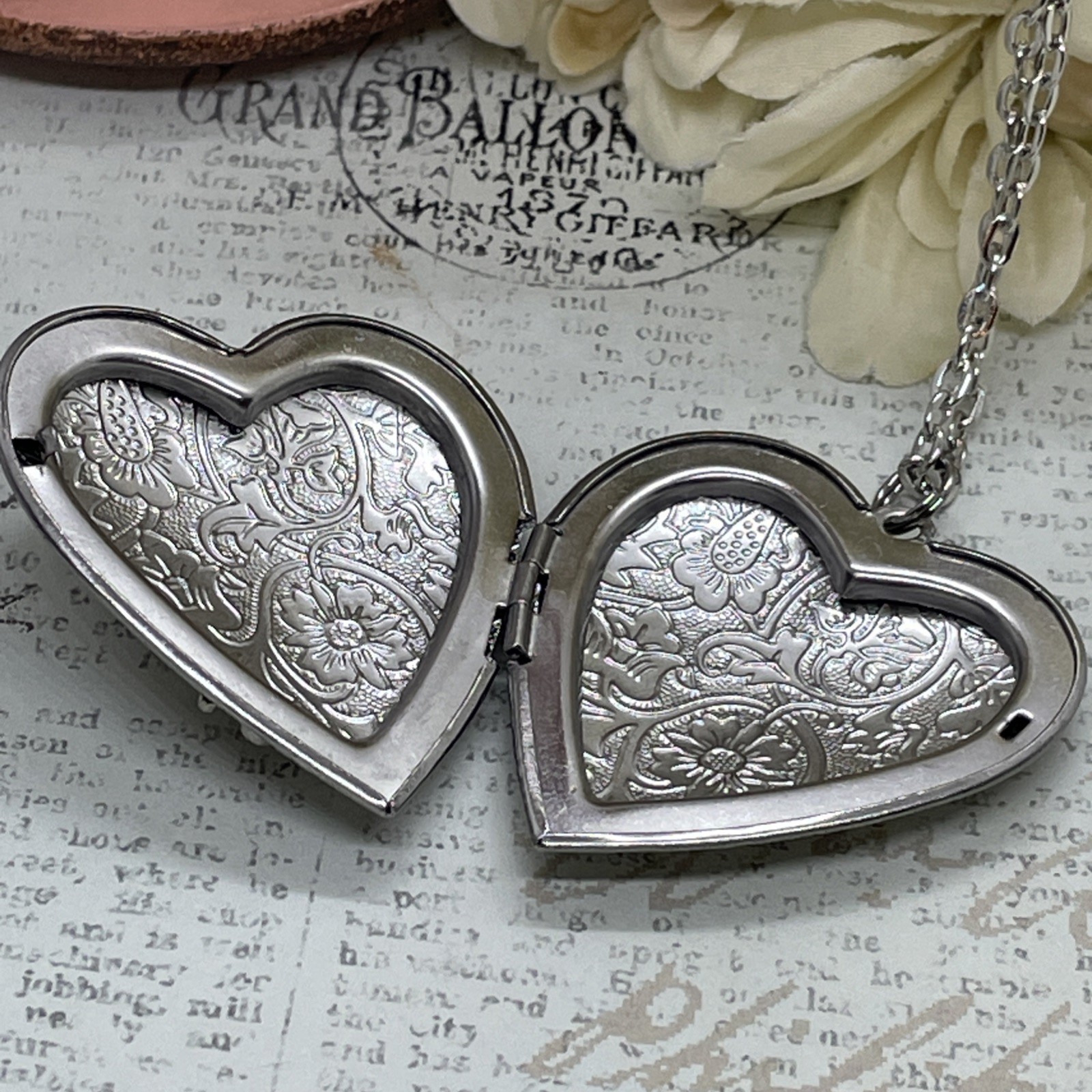 Heart Silver Locket Cameo Hummingbird purple Necklace Photo Bride bridal wedding