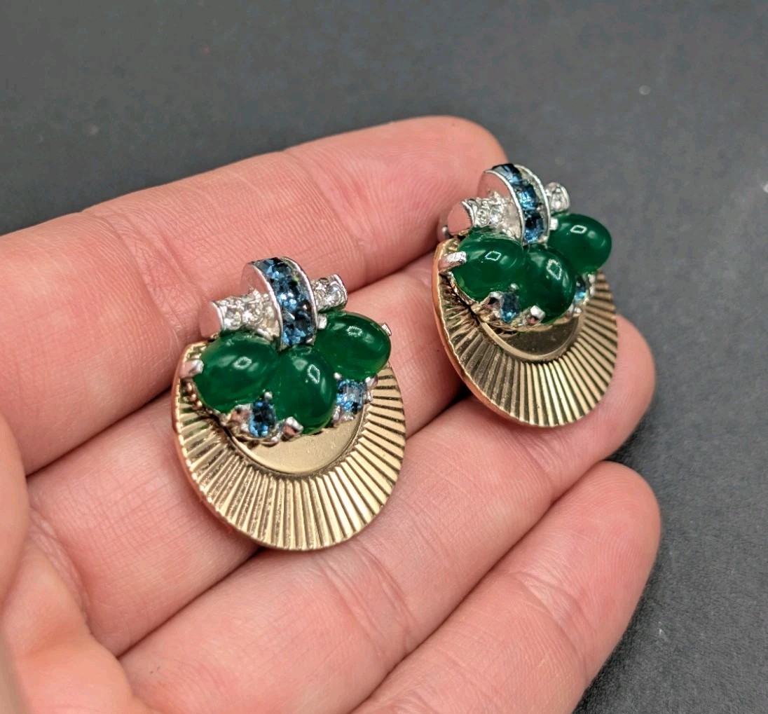BOUCHER Signed Marcel Green Blue Clear Rhinestone Gold Tone Clip Earrings ⚠️READ