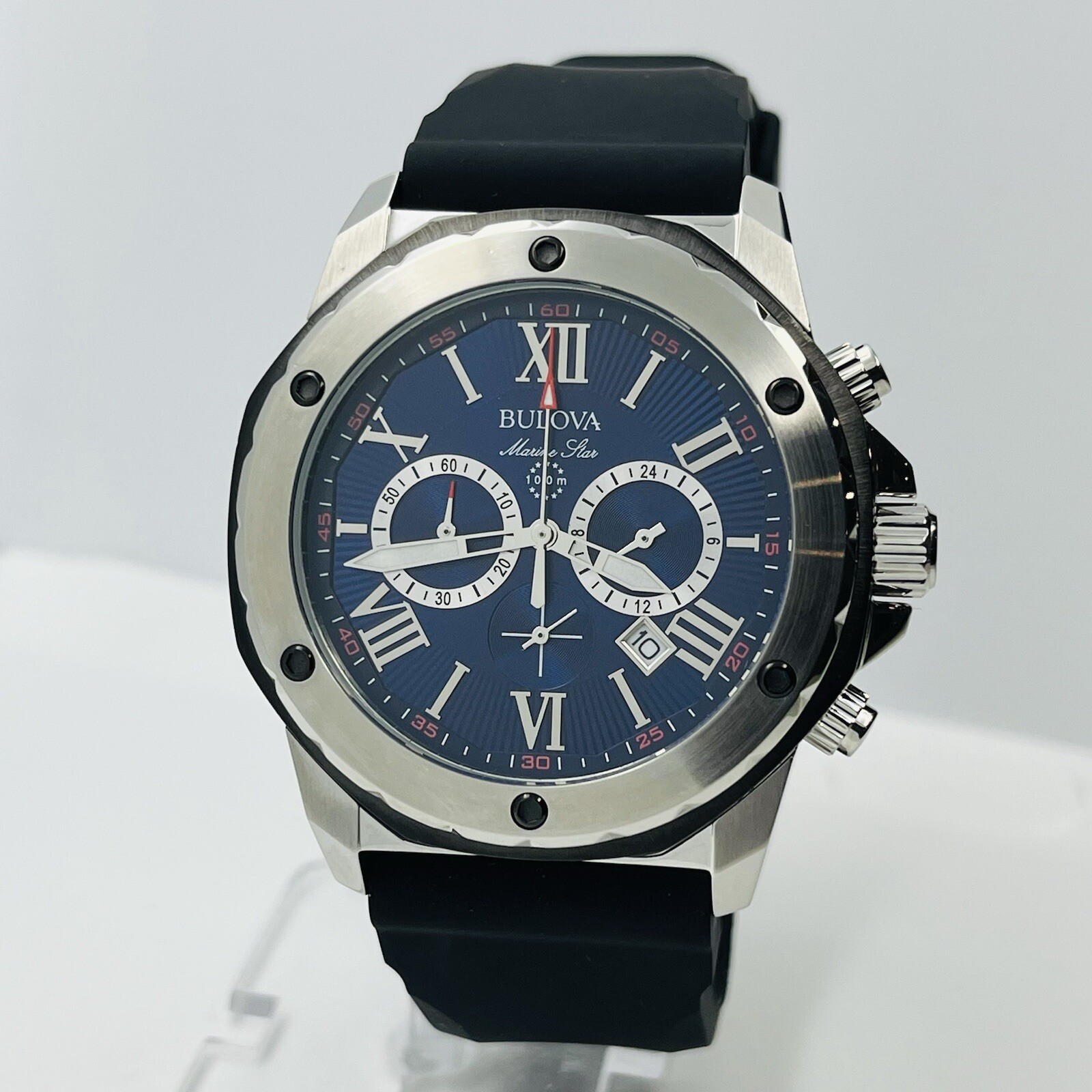 Bulova Marine Star Men’s Chronograph Blue Dial Steel 10ATM 44mm Watch 98B258