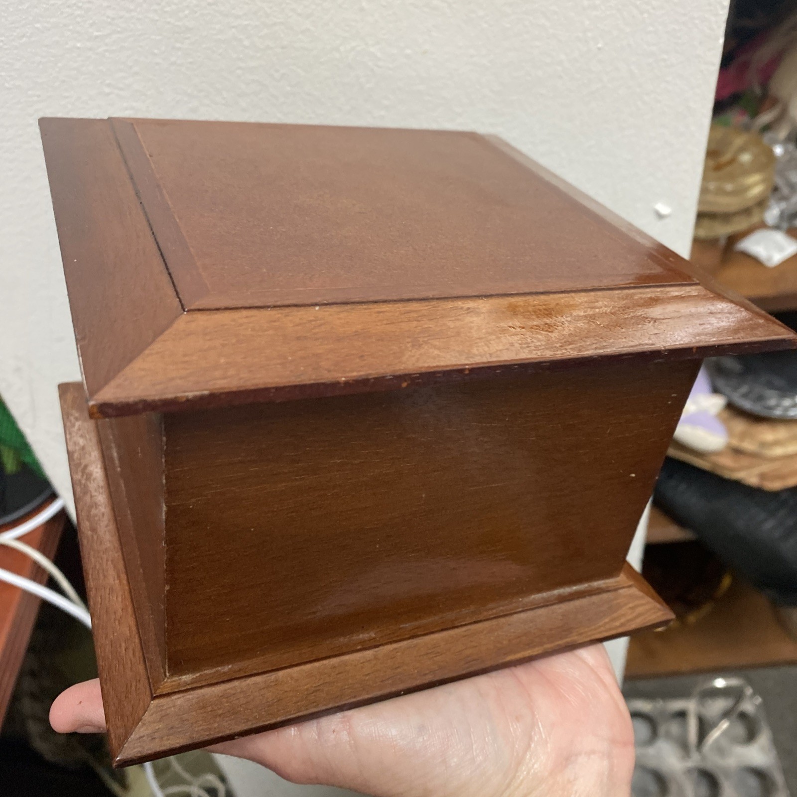 Wooden Jewelry Box 6x6x4″ Hinged Lid Two Levels Mirror Green Velvet Interior