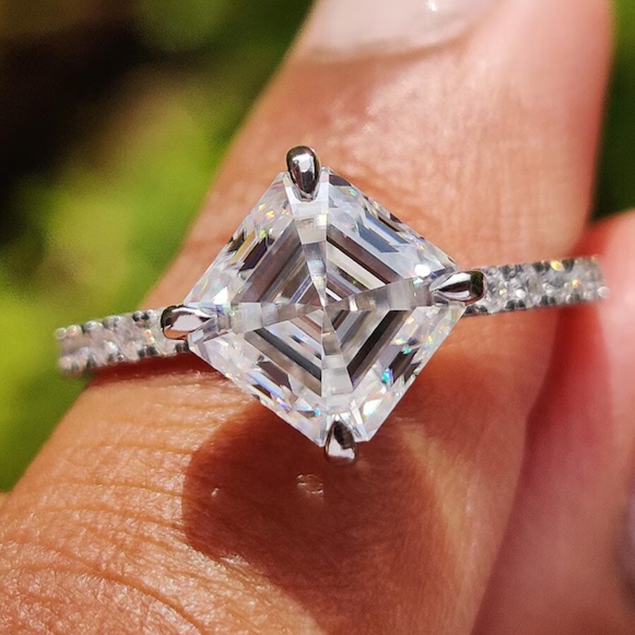 2.4Ctw Asscher Moissanite Compass Setting Engagement Ring 14K White Gold Plated