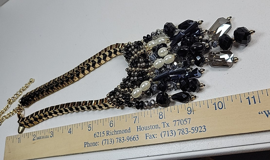 Chico’s Necklace Black Gray White Glass Fringe Bead Chunky Chain Gold Tone 20″