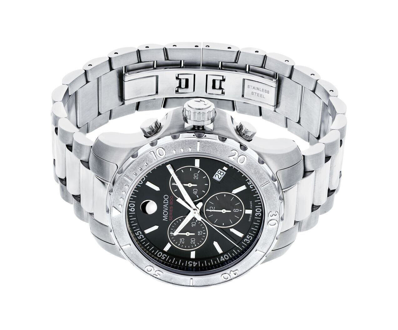 New Movado Series 800 Chronograph Black Dial Steel 2600110 Mens Swiss 42mm Watch