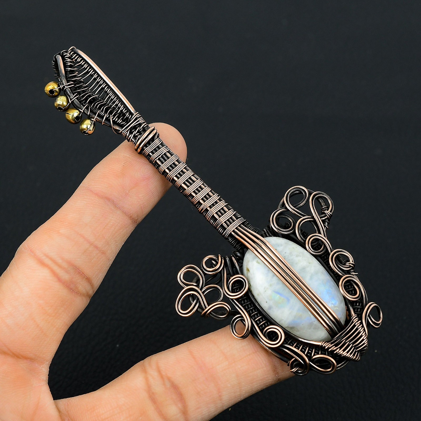 Moonstone Handmade Gemstones Copper Wire Wrapped Guitar Designer Pendant Jewelry