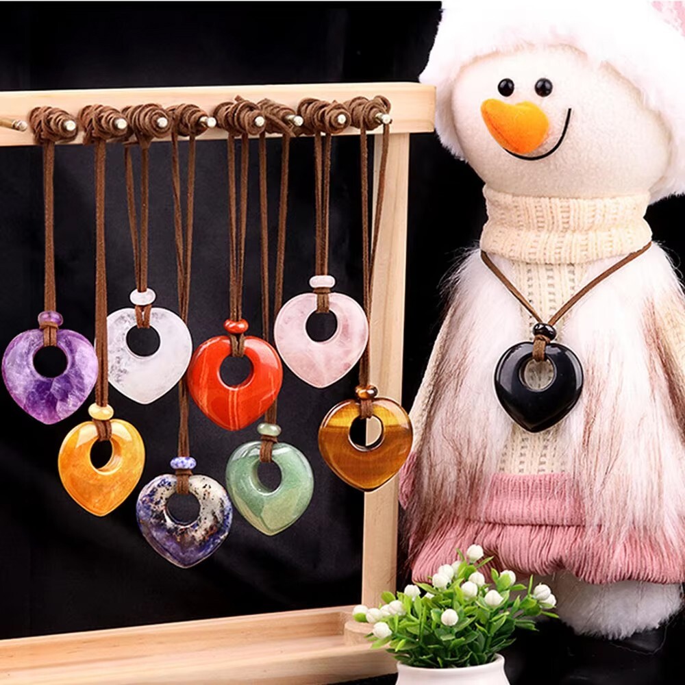 NATURAL STONE *** 1 x Large Gemstone Heart Pendant 40mm, with Choker