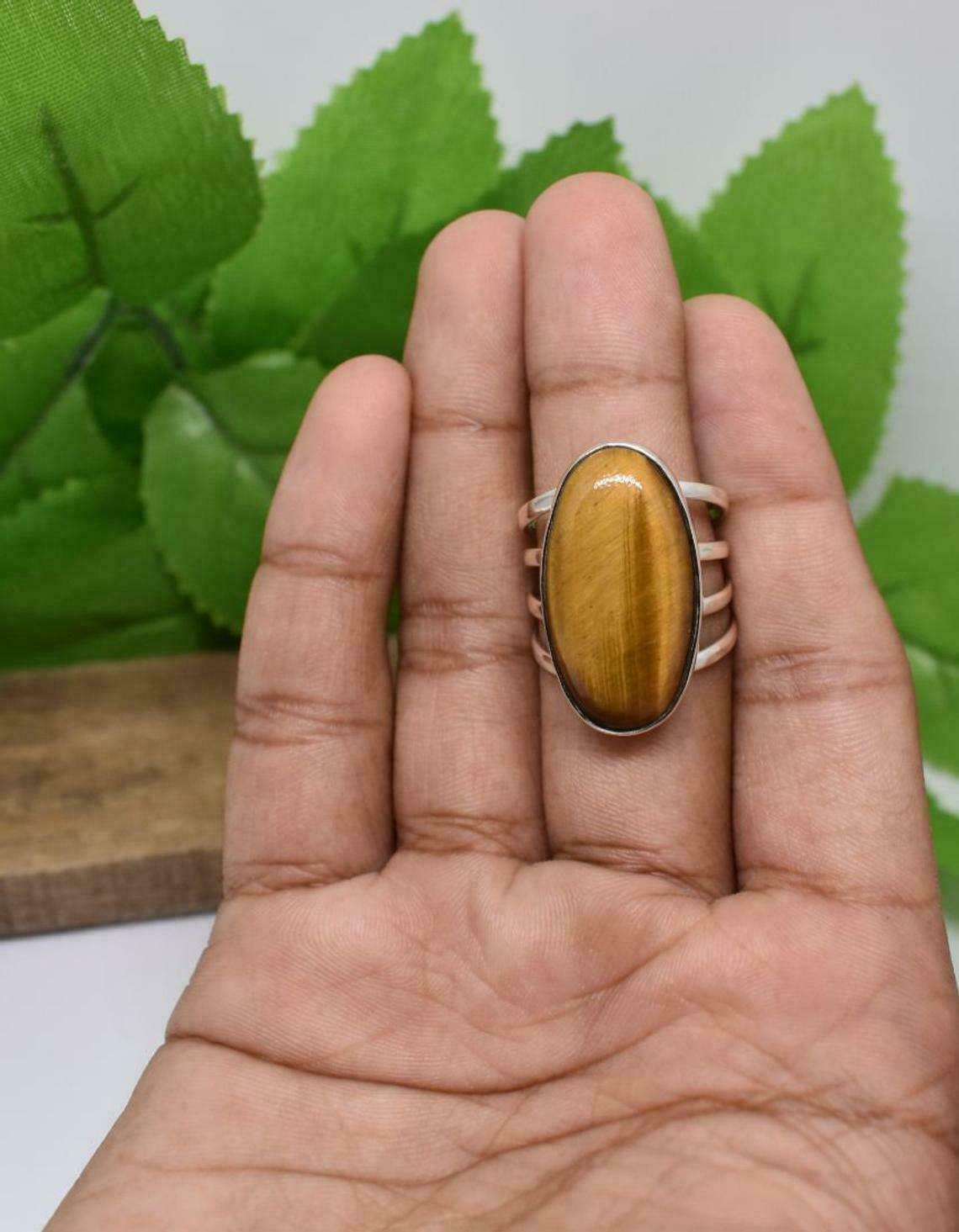 Simple Tiger Eye Ring 925 Silver Oval Gemstone Jewelry Triple Band Ring Gift Her