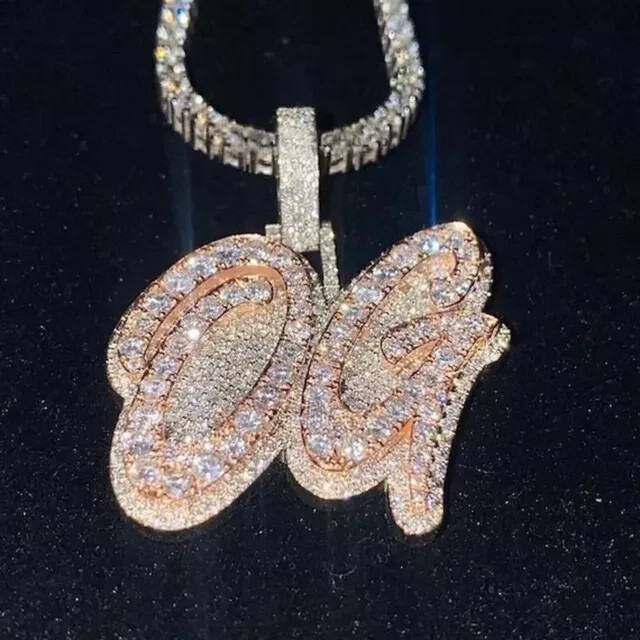 3 Ct Custom OG Real Moissanite Name Letter Pendant 14k Rose Gold Plated Silver