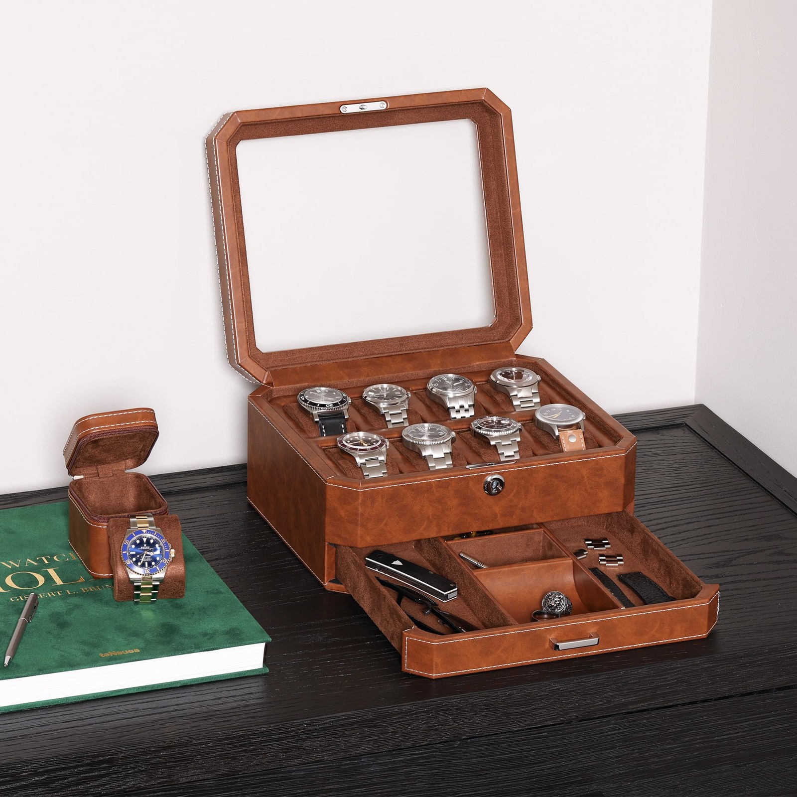 ROTHWELL 8 Slot Leather Watch Box with Valet Drawer – 8 – Tan/Brown