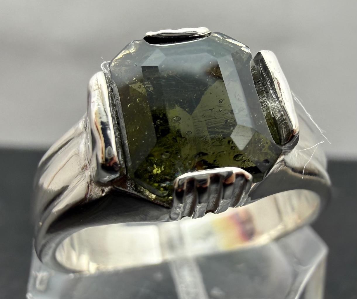 2.4 CT METEORITE MOLDAVITE TEKTITE 925 STERLING SILVER MENS RING SZ 9.5, 6.28 GR
